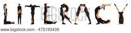 Black Dressed People Forming Literacy Word Over White