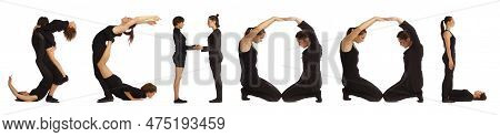 Black Dressed People Forming School Word Over White