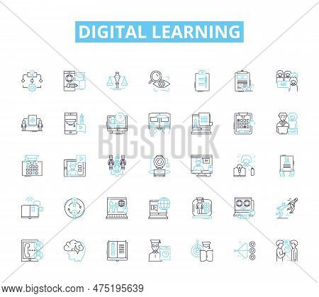 Digital Learning Linear Icons Set. E-learning, Online Courses, Virtual Classrooms, Distance Educatio