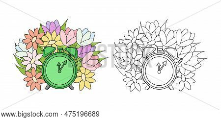 Vector Illustration Coloring Book Green Alarm Clock And Spring Flowers Around. An Outline Black And 