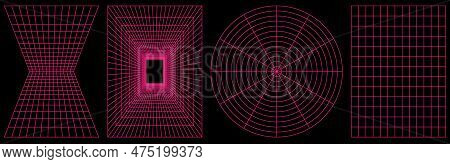 Set Of Geometry Wireframe Grid Backgrounds. Cyberpunk Elements In Trendy Psychedelic Rave Style. Y2k