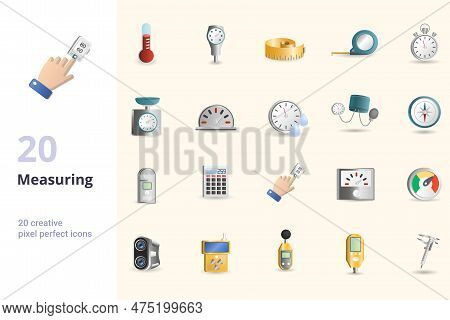 Measuring Set. Creative Icons: Thermometer, Depth Gauge, Ruler, Roulette, Stopwatch, Scales, Speedom