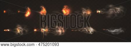 Realistic 3d Flying Bullets With Smoke Trace. Gun Flashes With Fire Sparkles Isolated On Transparent