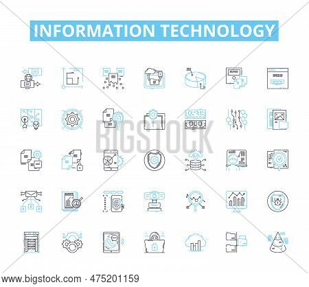 Information Technology Linear Icons Set. Digital, Nerk, Cloud, Cybersecurity, Coding, Analytics, Web