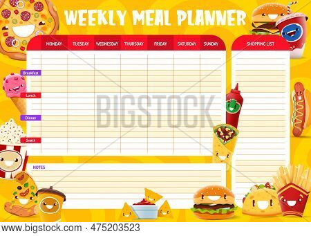 Weekly Meal Planner, Funny Cartoon Takeaway Fast Food Characters, Vector Food Plan. Cheeseburger, Pi