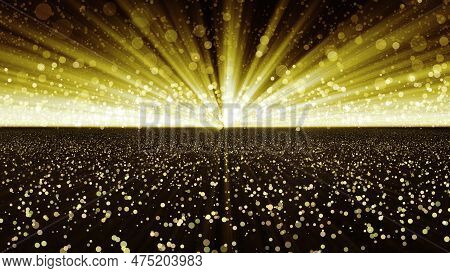 Background With Golden Glitter Particles. Bright Golden Rays, Bokeh. Shining Gold Particles. Incredi