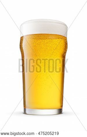 British Style Imperial Pint Glass Of Fresh Frothy Yellow Beer With Cap Of Foam Isolated On White Bac