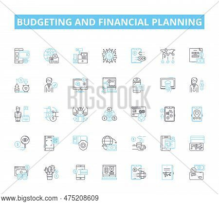 Budgeting And Financial Planning Linear Icons Set. Frugality, Saving, Forecasting, Investment, Prude