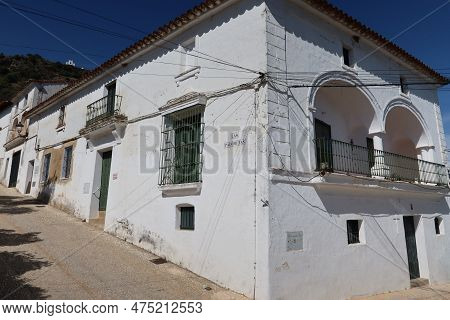 Alajar, Huelva, Spain, April 10, 2023: Typical White House With Terrace In Las Palomitas Street, Ala