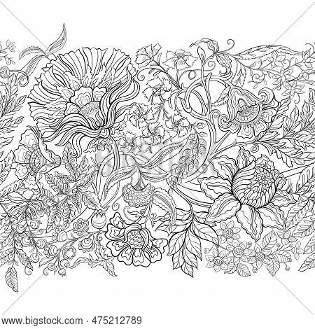 Fantasy Flowers In Retro, Vintage, Jacobean Embroidery Style. Seamless Pattern, Background. Vector I