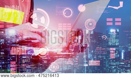 Future Building Construction And Inventive Engineering Project Concept With Hud Hologram Graphic Des