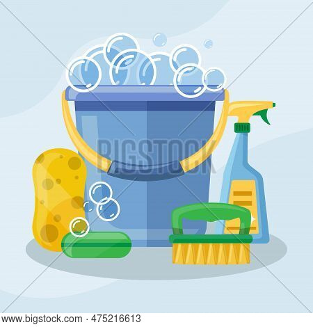 Cleaning Products, Bucket With Bubbles, Washcloth And Soap