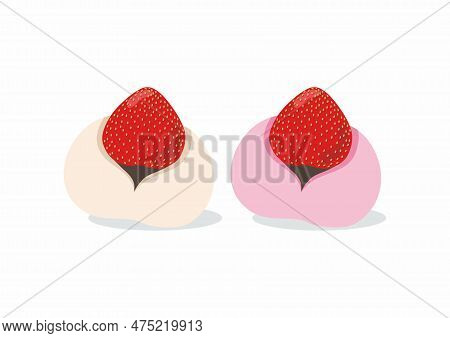 Strawberry Mochi Ichigo Daifuku Wagashi. Traditional Japanese Dessert. Asian Sweet Food. Flat Vector