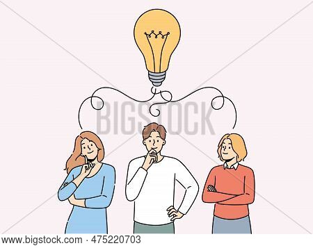 Pensive Team With Huge Lightbulb Above Head Brainstorm Generate Creative Business Idea Together. Tho