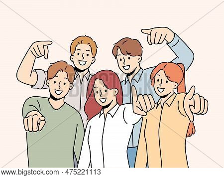 Group Of Smiling Employees Point At Screen Choose Work Candidate. Team Of Happy Businesspeople Choos