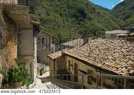 Polino, Italy - April 22, 2023: View Of The Center Of Polino Medieval Village In Valnerina, Umbria, 