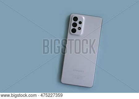 April 22, 2023 Ukraine City Kyiv Smartphone Samsung Galaxy A 73 On A Colored Background