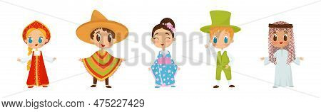 Smiling Boy And Girl Wearing Costumes Of Different Countries Vector Set