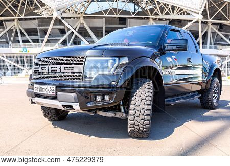 Samara, Russia - June 26, 2022: Off-road 4x4 Ford F-150 Raptor Vehicle With All Terrain Tires Nokian