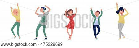 Young Boy And Girl Dancing To Music Raising Up Hands Vector Illustration Set