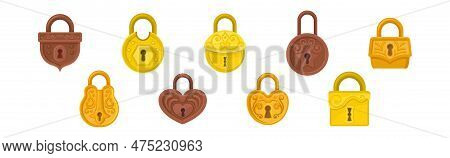 Golden And Copper Padlock With Keyhole As Security Mechanism Vector Set