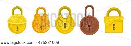 Golden And Copper Padlock With Keyhole As Security Mechanism Vector Set