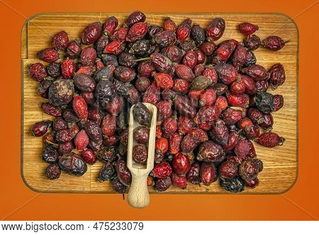 Background Made Of Dry Rose Hips. Fharmaceutical Raw Materials. Healing Herbs Rosae Fructus. Rosae P