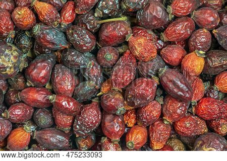 Background Made Of Dry Rose Hips. Fharmaceutical Raw Materials. Healing Herbs Rosae Fructus. Rosae P