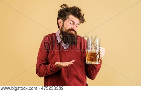Celebration Oktoberfest Festival. Drunk Man With Craft Beer Mug. Man Drinking Draught Beer At Bar Or