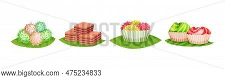 Arabic Sweets Served On Green Leaf Vector Set