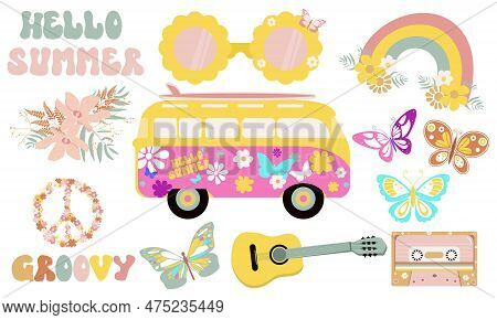 Groovy Hippie Summer 70s Set. Funny Cartoon Flower, Rainbow, Car, Butterflies, Glasses,guitar ,casse
