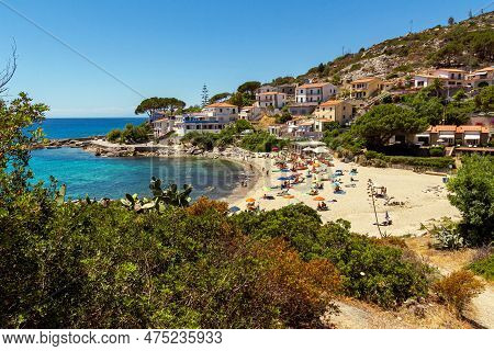 Seccheto, Elba Island, Province Of Livorno Italy - 11 June 2022 View Over Sandy Colorful Beach Of Li