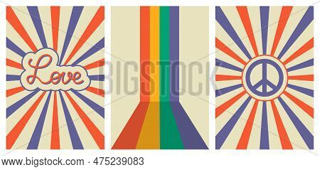 Collection Of Retro Posters. Love, Peace Sign, Rainbow. Vector Illustration