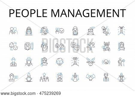 People Management Line Icons Collection. Staff Supervision, Team Coordination, Resource Allocation, 