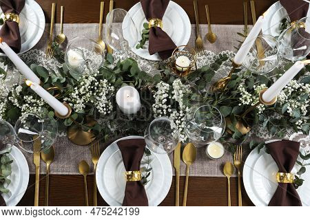 Stylish Elegant Table Setting For Festive Dinner, Flay Lay