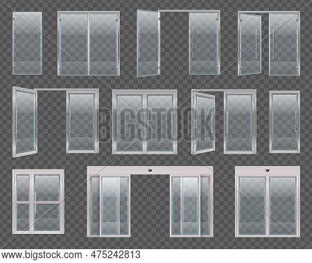 Glass Door Set With Realistic Images Of Windows And Doors With Hold Open Devices And Handles Vector 