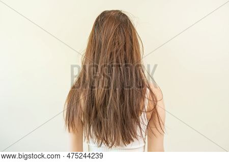 Damaged Hair, Frustrated Asian Young Woman, Girl In Splitting Ends, Messy Unbrushed Dry Hair And Fri