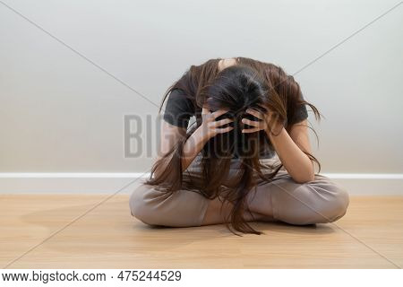 Psychological Mental Health, Depressed Asian Young Woman, Girl Hiding Her Face Feeling Lonely, Think