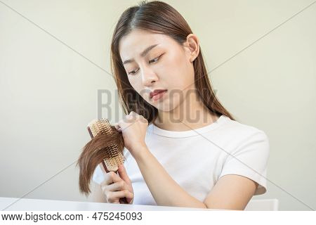 Damaged Hair, Frustrated Asian Young Woman, Girl Hand In Holding Brush Splitting Ends Messy While Co