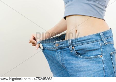 Shape Slender, Thin Waist, Attractive Slim Asian Young Woman, Hand Show Shape Her Weight Loss, Weari