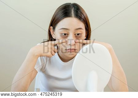 Bored, Insomnia Asian Young Woman, Girl Looking At Mirror, Without Makeup, Touch Under Eyes With Pro