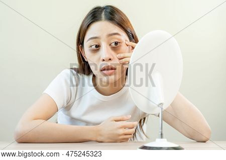 Bored, Insomnia Asian Young Woman, Girl Looking At Mirror, Without Makeup, Touch Under Eyes With Pro