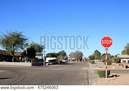 Xeriscaped Road Sides With Drought Tolerant Shrubs In Residential Neighborhood In North-west Phoenix