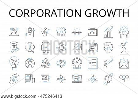 Corporation Growth Line Icons Collection. Company Expansion, Business Development, Enterprise Progre