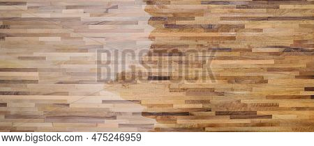 Polished Wooden Texture Of Brown Flooring In Bedroom. Natural Hardwood Surface As Background With Th