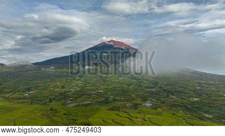 Aerial Drone Of Farmland And Tea Plantations Next To Mount Kerinci. Sumatra, Indonesia.