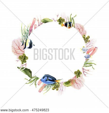 Wreath With Underwater Corals, Plants And Tropical Fish. Hand Drawn Watercolor Illustration Isolated