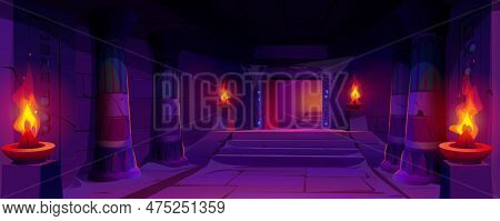 Dark Dungeon In Abandoned Egyptian Palace. Vector Cartoon Illustration Of Corridor Inside Ancient Te