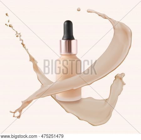 Liquid Foundation In Bottle And Splashes Of Makeup Product On Light Beige Background