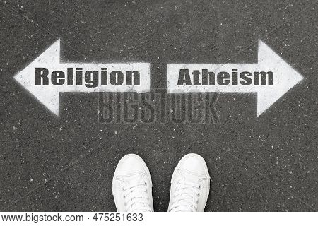 Choice Between Atheism And Religion. Woman Standing On Road Near Arrows Marking, Top View